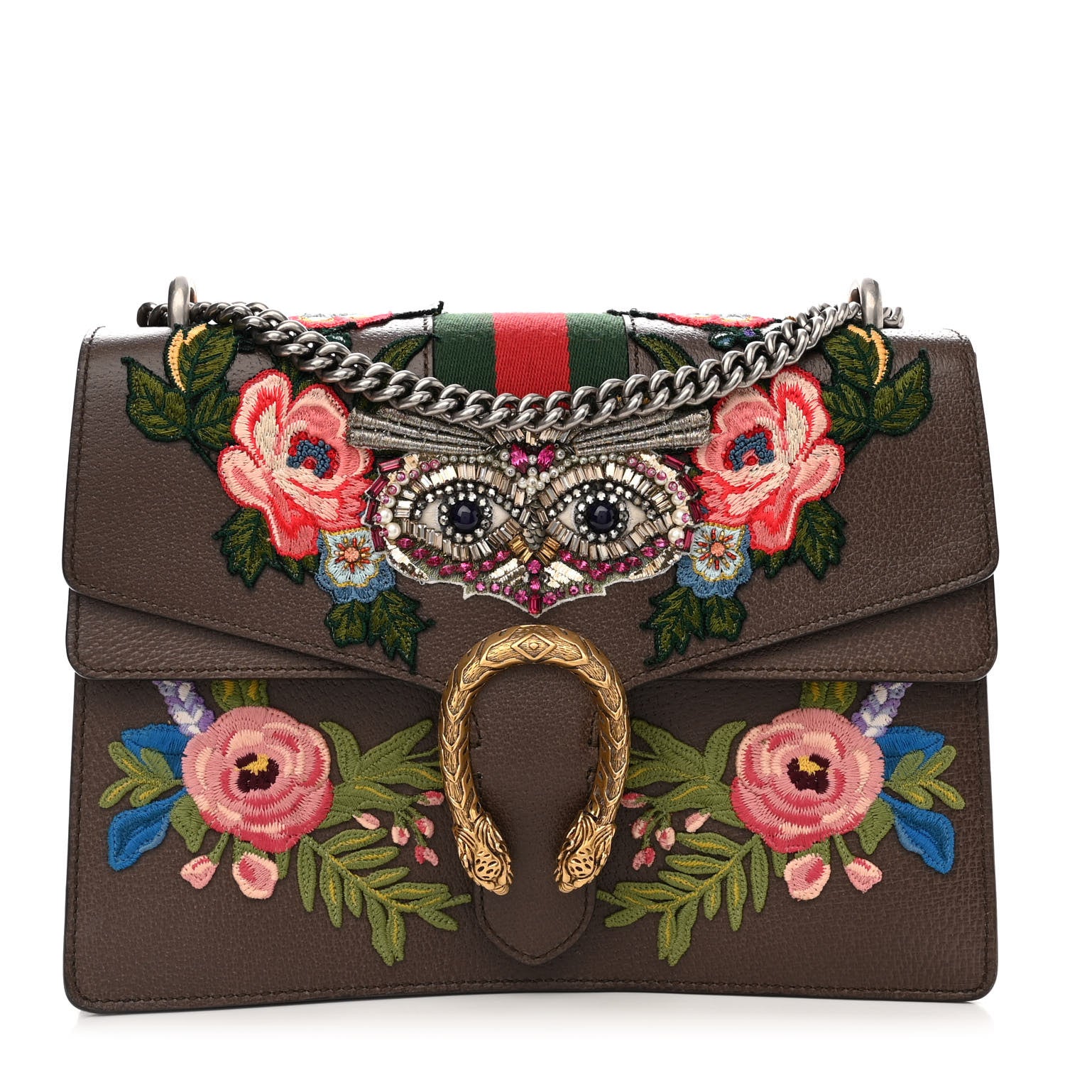 Gucci Calfskin Web Owl Embroidered Medium Dionysus Shoulder Bag New Acero Multicolor 1 of 14