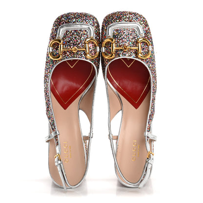 Gucci Glitter Nappa Silk Horsebit 75mm Slingback Pumps 41 Multicolor Argento 2 of 9