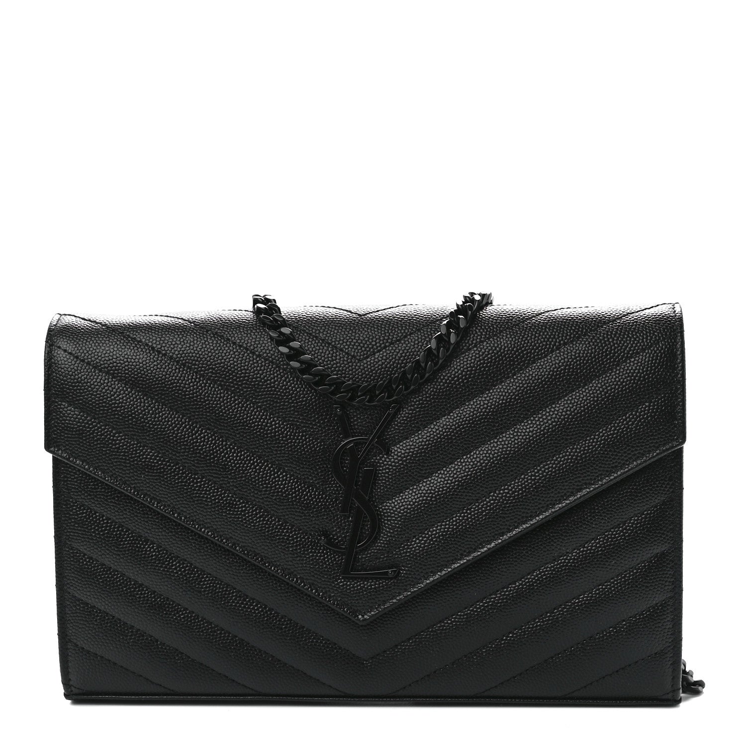 Saint Laurent Grain De Poudre Matelasse Chevron Monogram Monochrome Chain Wallet Black 1 of 11