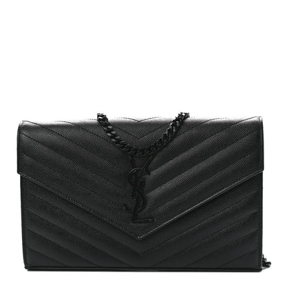 Saint Laurent Grain De Poudre Matelasse Chevron Monogram Monochrome Chain Wallet Black 1 of 11