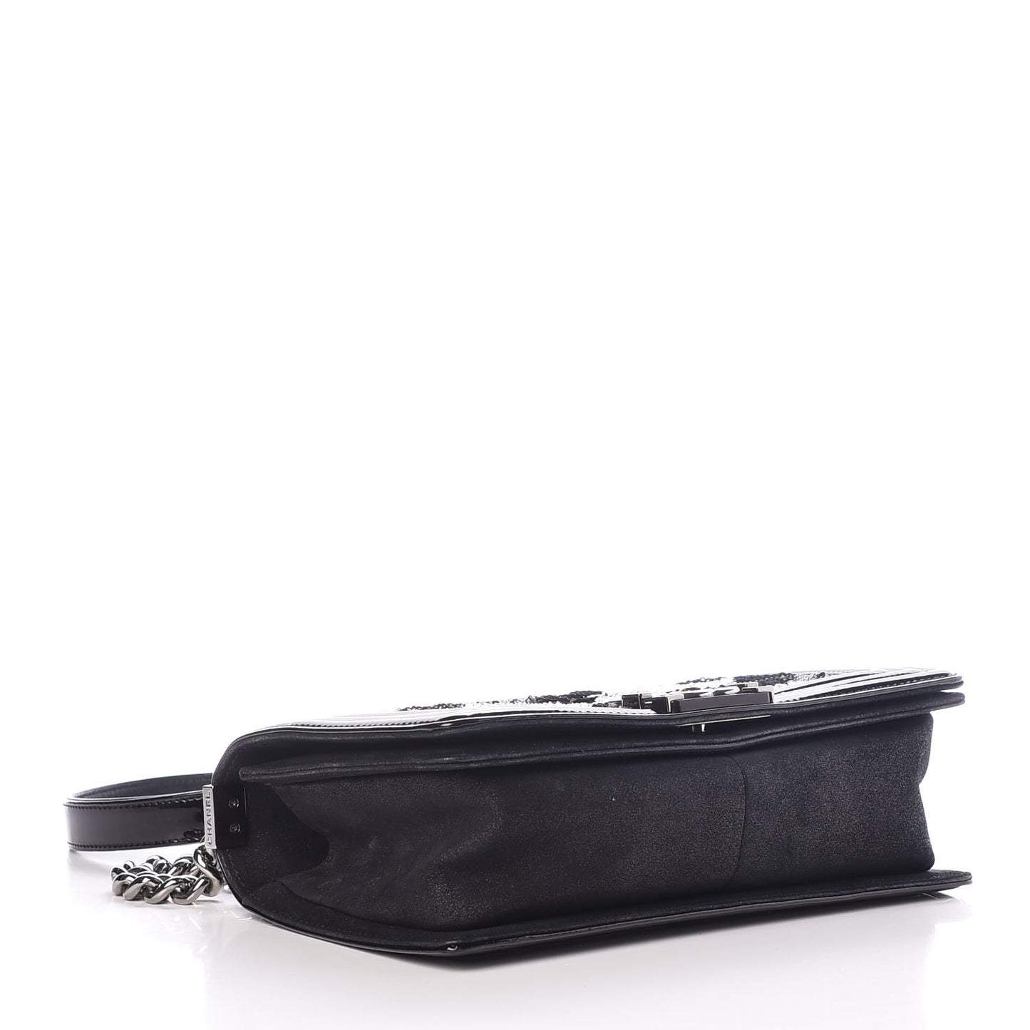 Patent Iridescent Calfskin Sequin Medium Boy Flap Bag Black