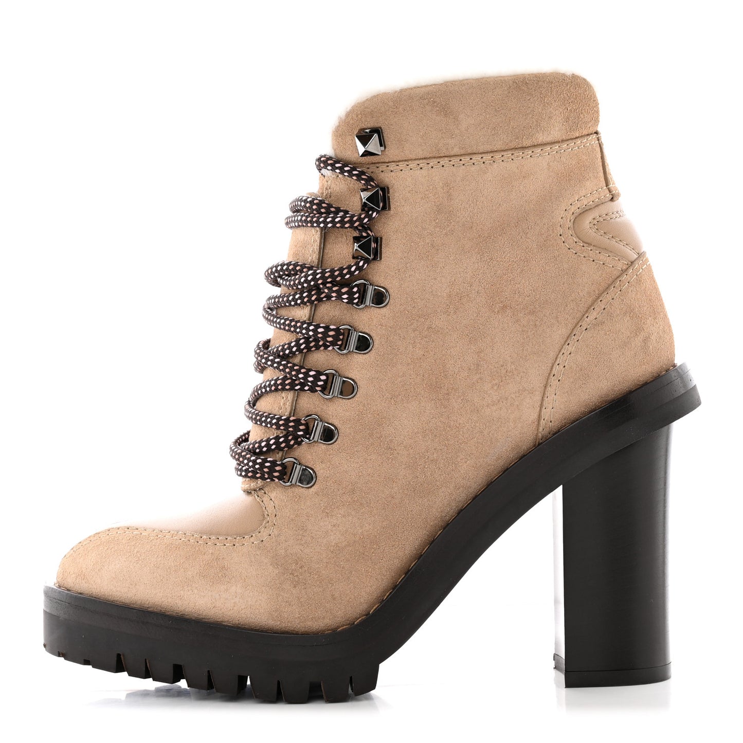 Suede Shearling Lace-Up Ankle Boots 36.5 Beige