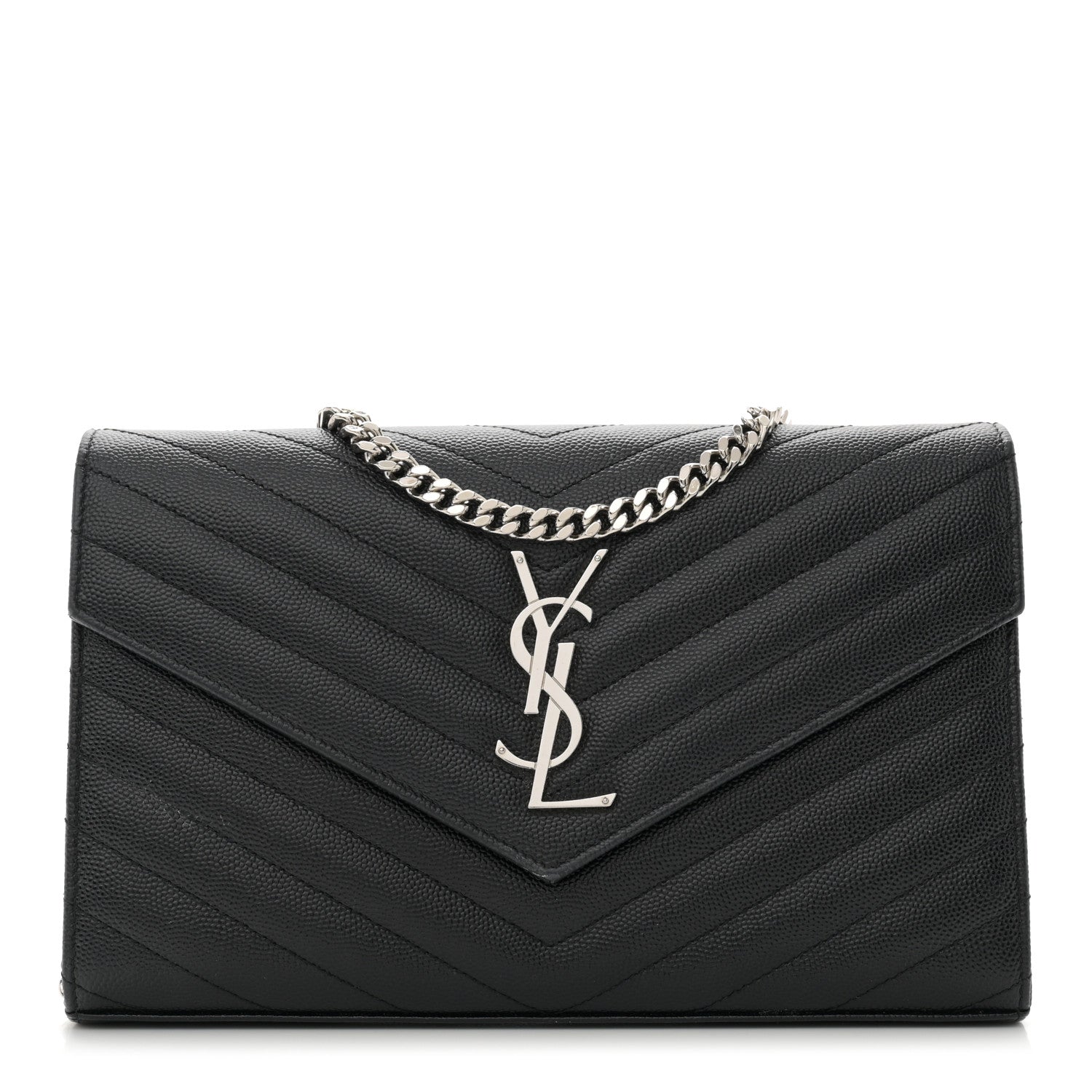 Saint Laurent Grain De Poudre Matelasse Chevron Monogram Chain Wallet Black 1 of 10