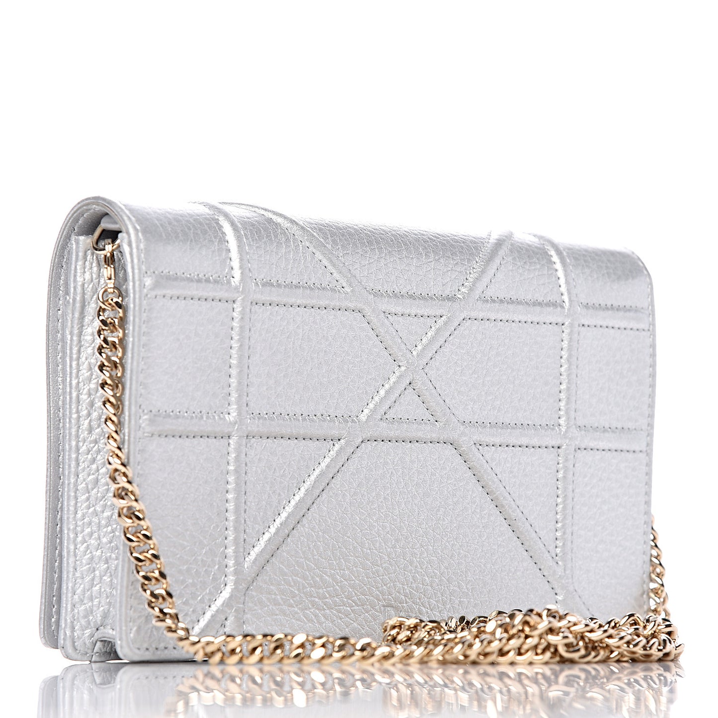 Metallic Grained Calfskin Diorama Wallet on Chain Pouch Silver