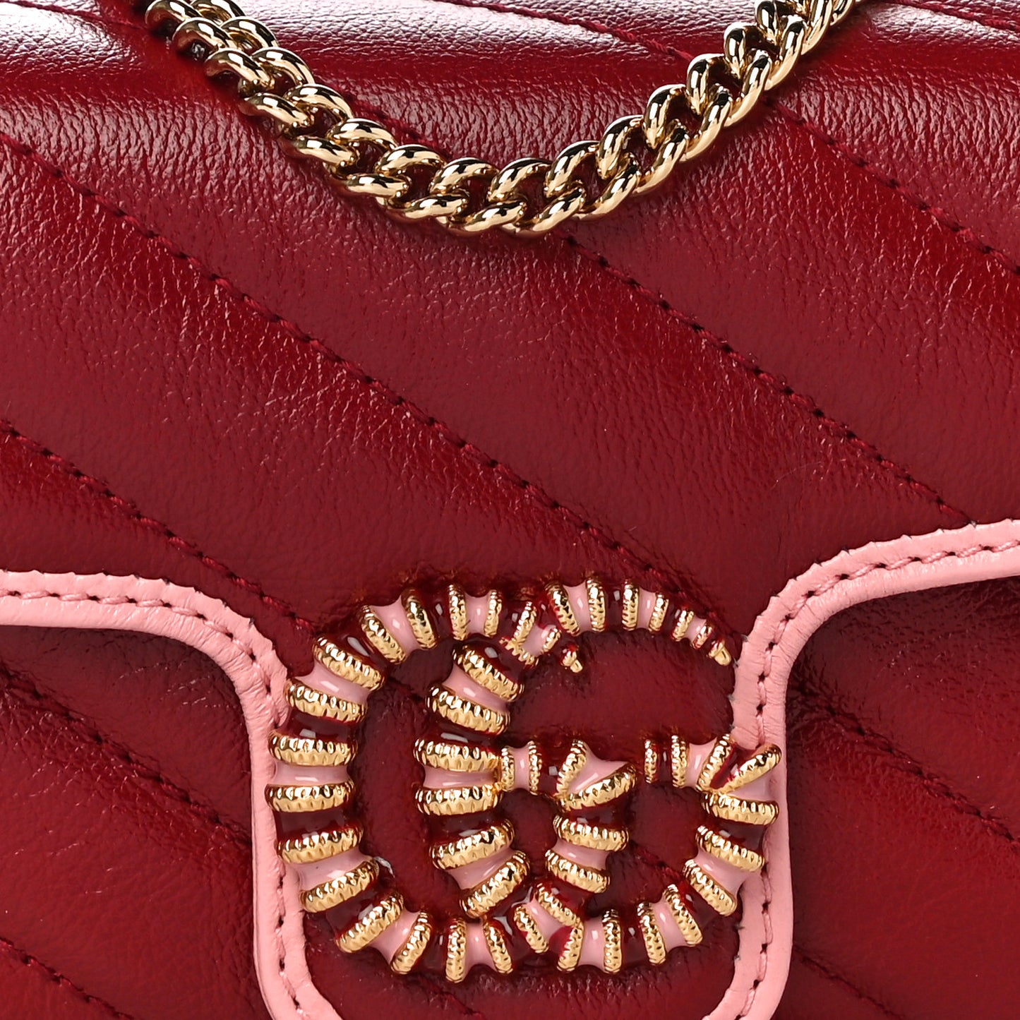 Azalea Calfskin Enamel Matelasse Diagonal Super Mini Torchon GG Marmont Shoulder Bag New Cherry Red Wild Rose