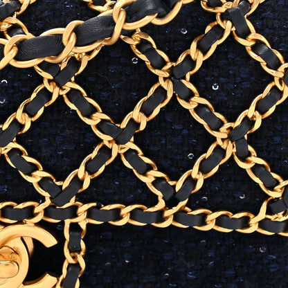 Chanel Tweed Sequin Timeless Classic Chained Double Flap Navy Blue 8 of 11