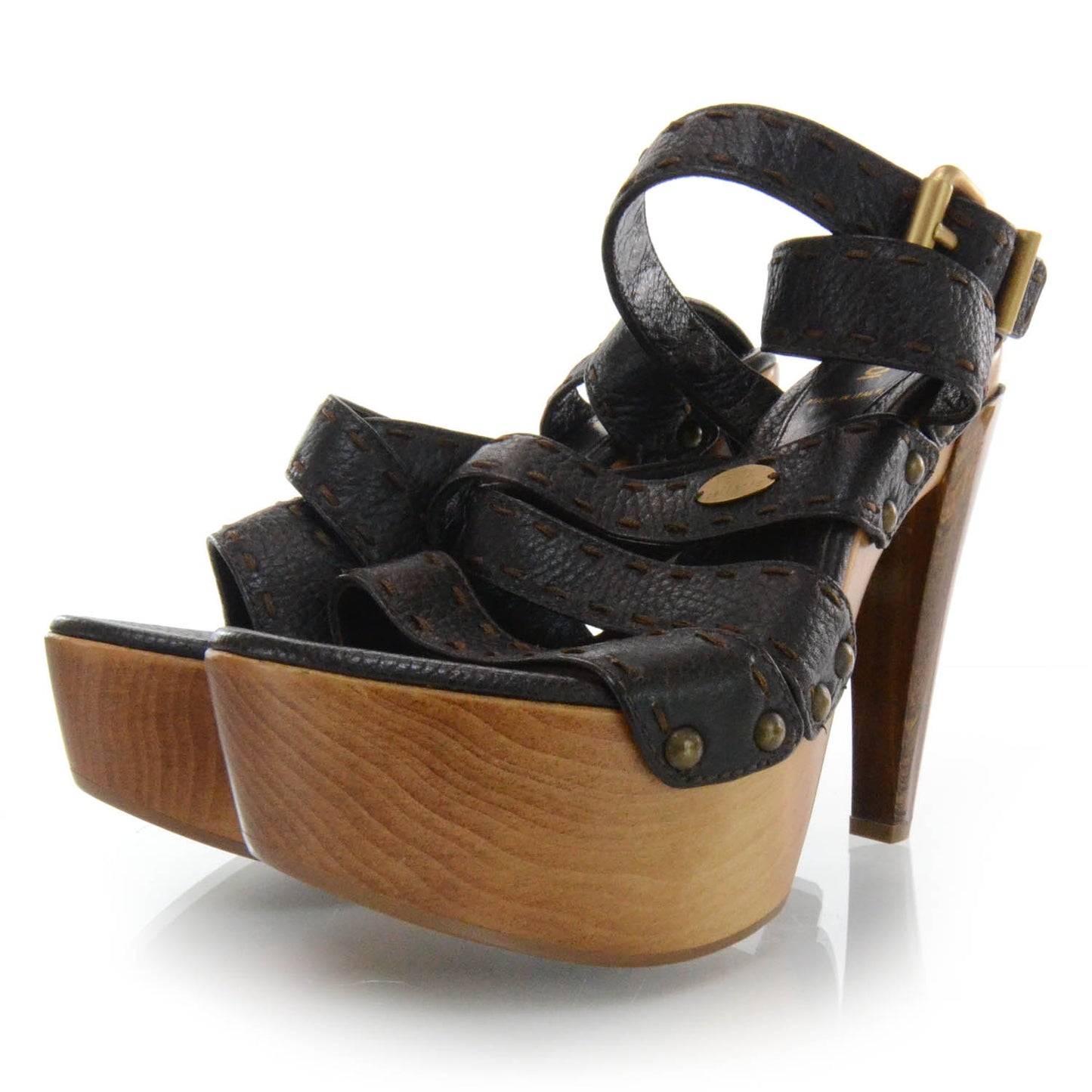 Leather Wood Platform Heels 35 Brown