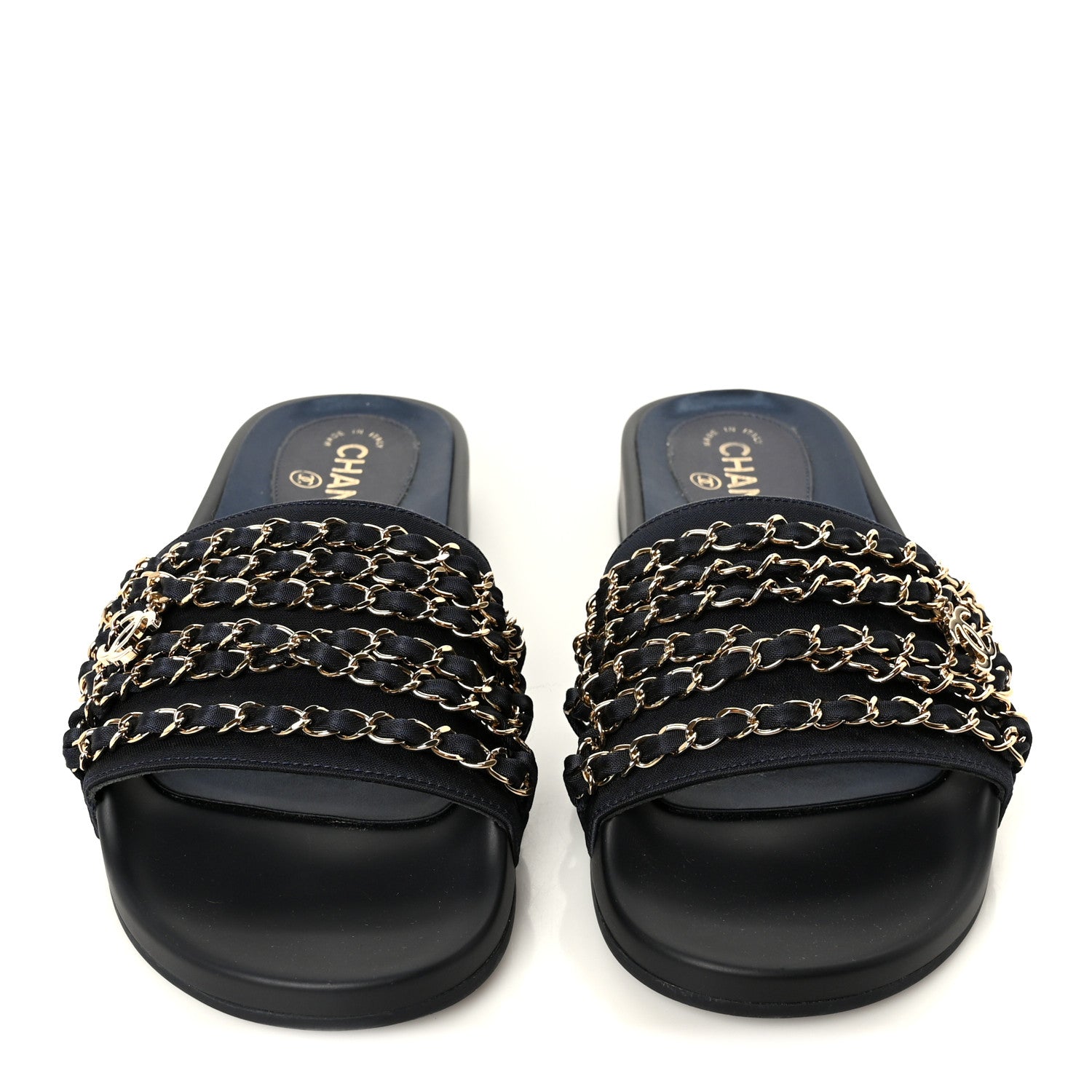 Chanel Satin Canvas Chain Slides Sandals Flats 39 Marine 3 of 10