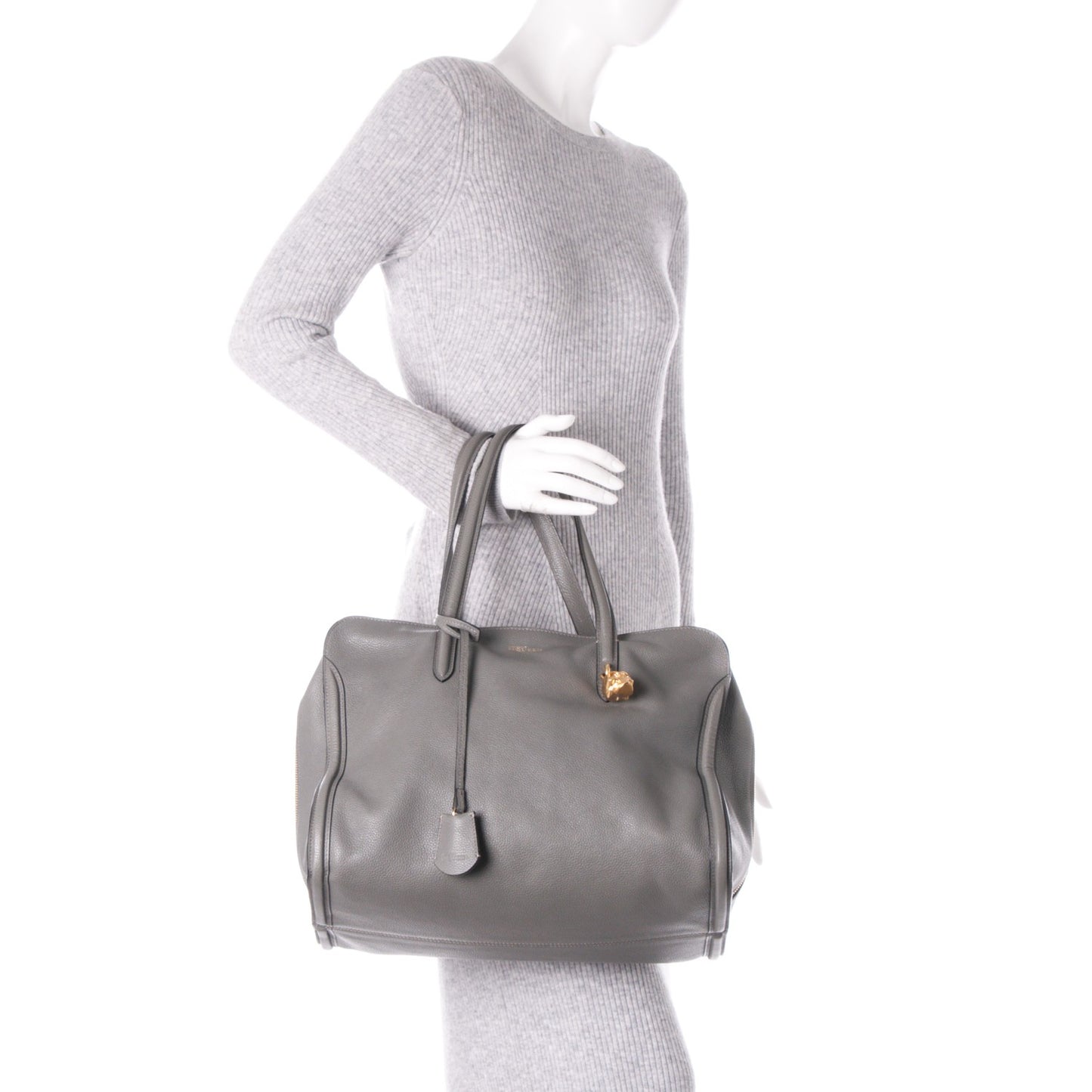Pebbled Calfskin Large Skull Padlock Zip Around Tote Dark Grey