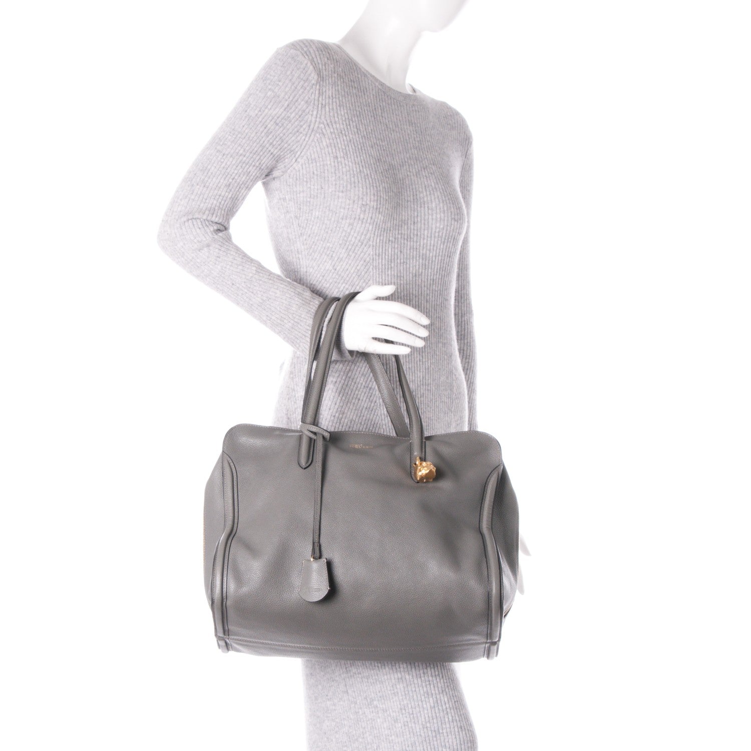 Alexander McQueen Pebbled Calfskin Large Skull Padlock Zip Around Tote Dark Grey 2 of 7