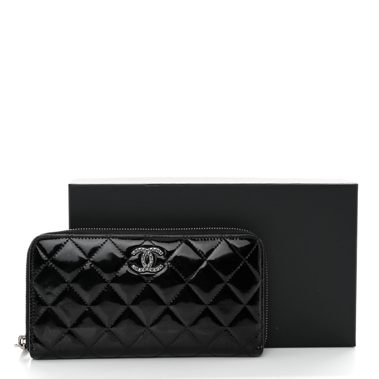 Patent Quilted Zip Around Wallet Black