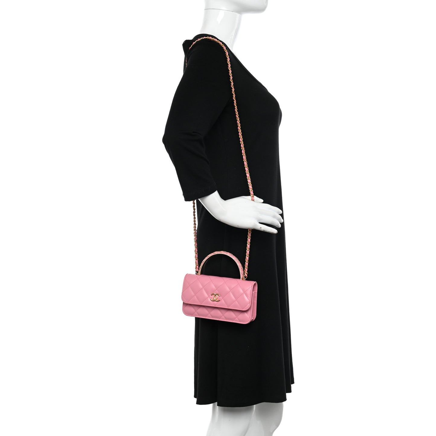 Lambskin Quilted Top Handle Phone Holder With Chain Pink
