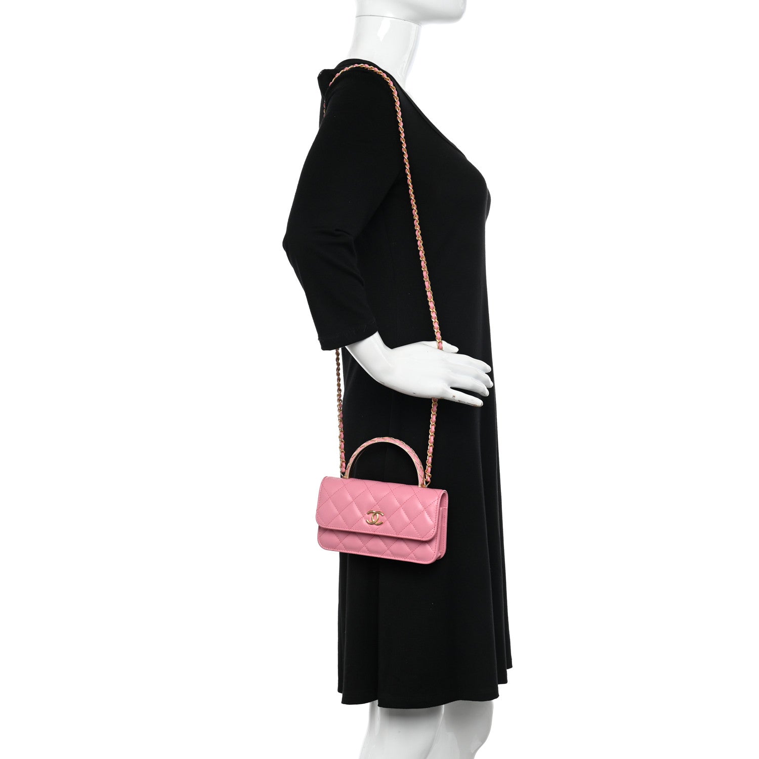 Chanel Lambskin Quilted Top Handle Phone Holder With Chain Pink 2 of 12