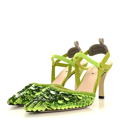 Fendi Organza Paillettes Colibri 85mm Slingback Pumps 38.5 Wasabi 3 of 8