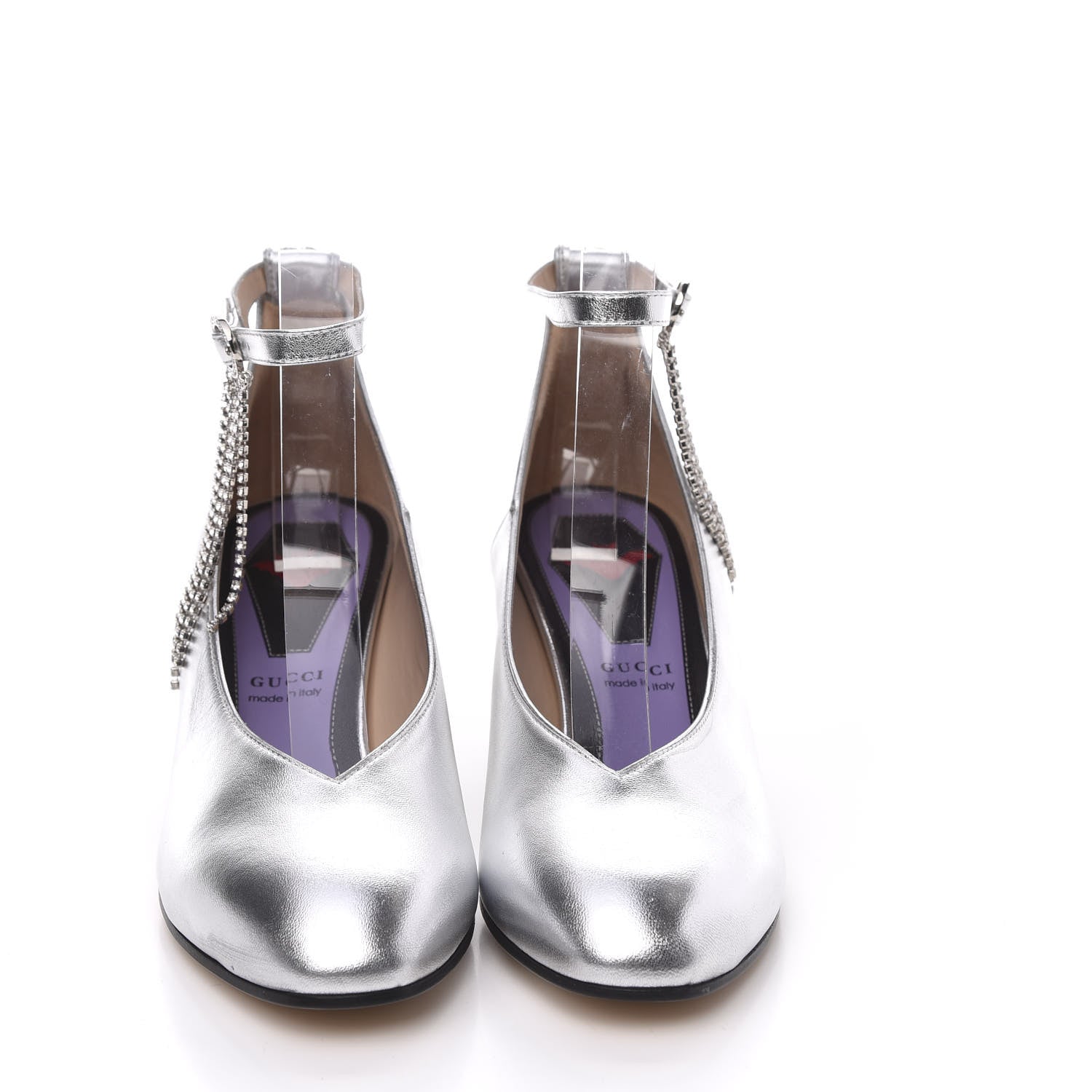 Gucci Metallic Nappa Crystal Square G Mid Heel Pumps 38 Silver 2 of 9