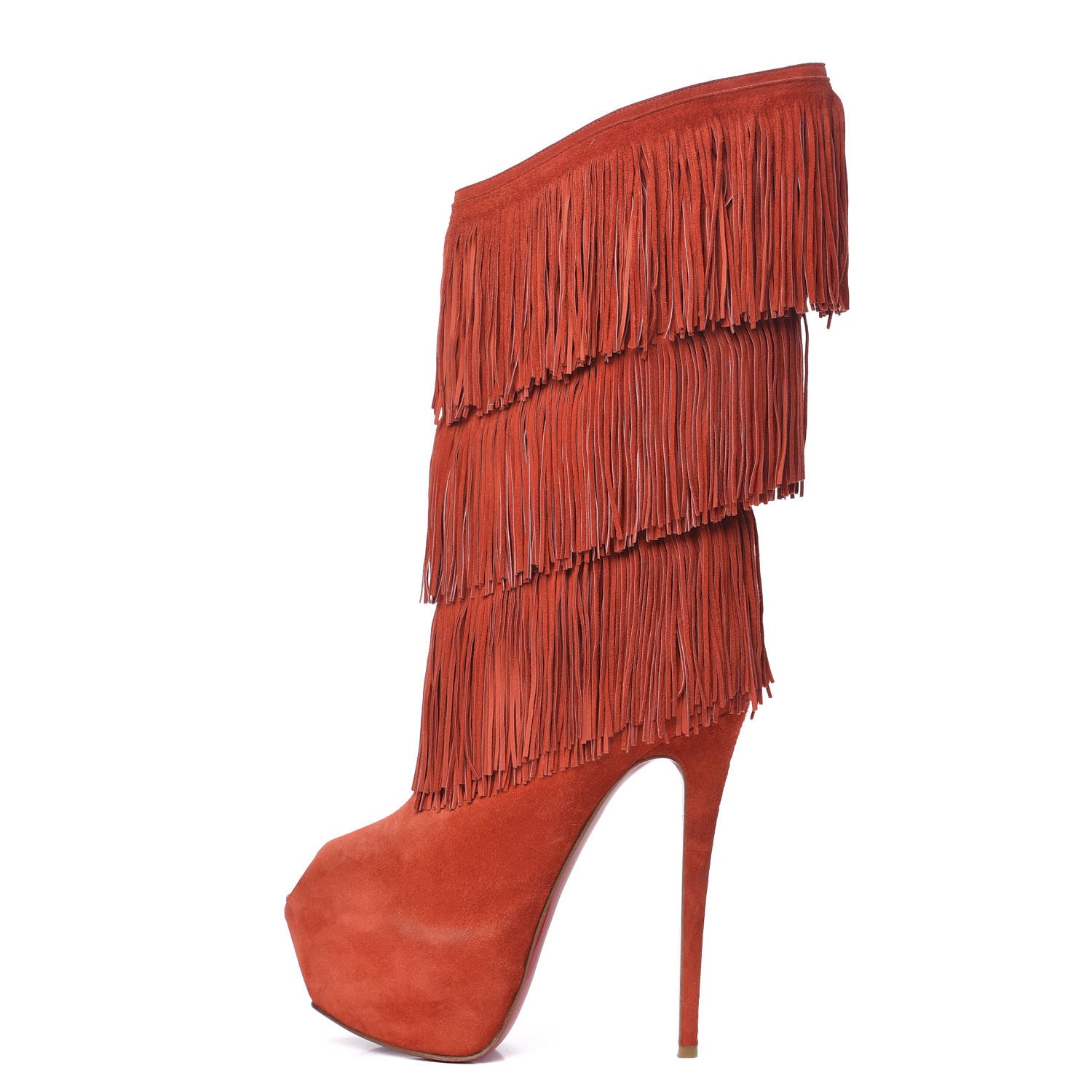 Christian Louboutin Suede Highness Tina Fringe Platform Peep Toe Boots 41 Red Brick 1 of 9