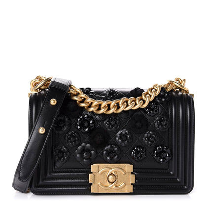 Chanel Lambskin Embroidered Camellia Quilted Small Boy Flap Black 1 of 12