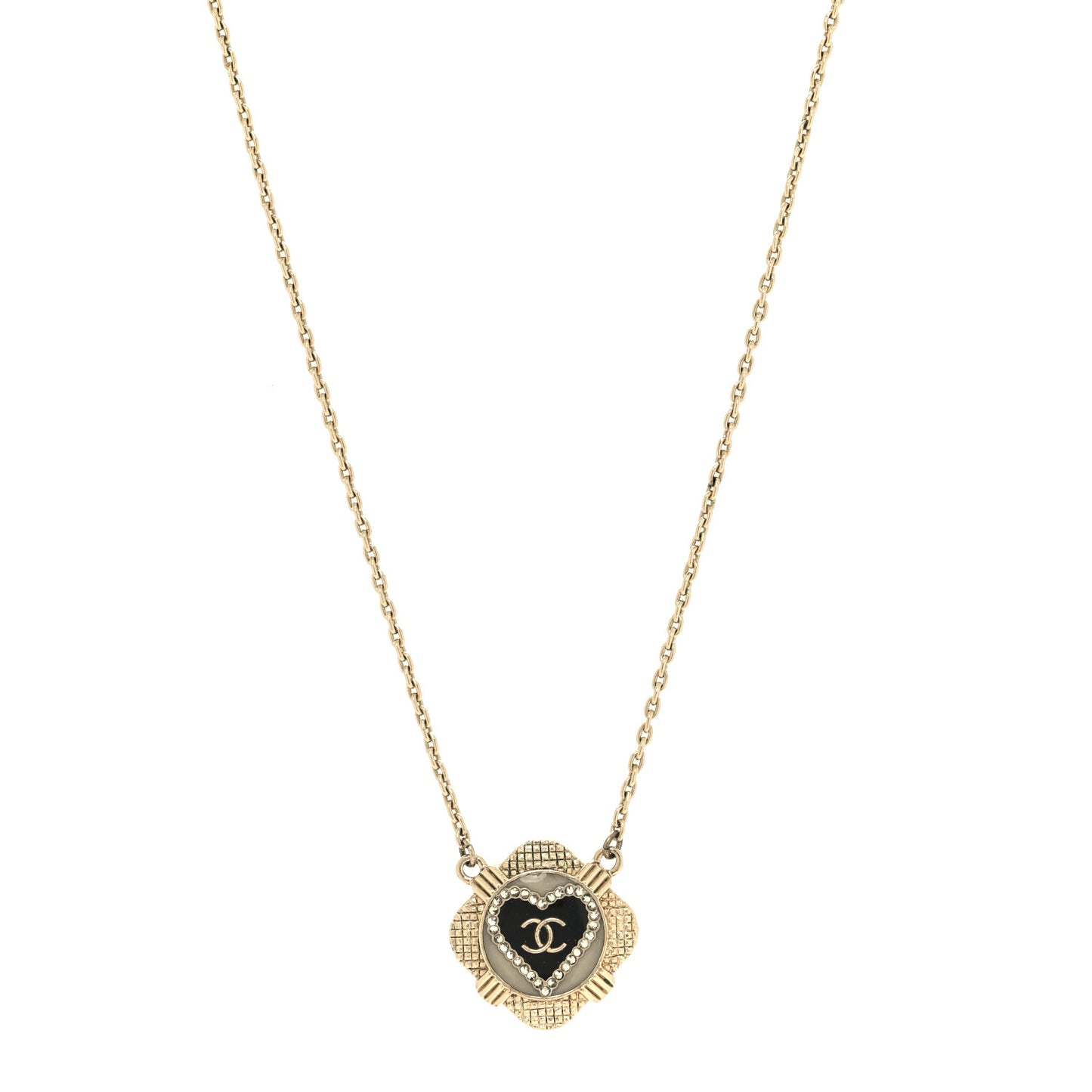 Resin Crystal Quilted CC Heart Necklace Gold Black