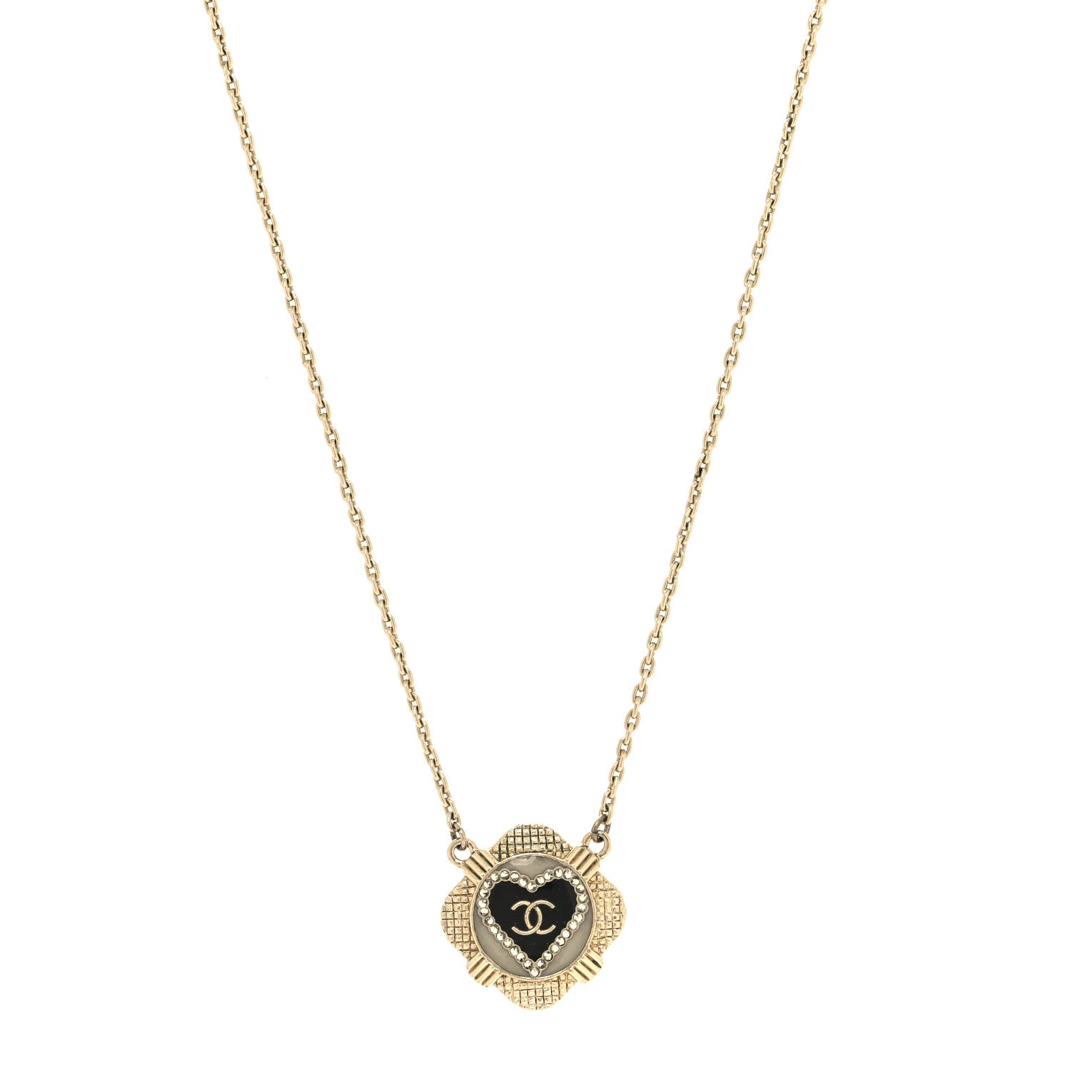 Chanel Resin Crystal Quilted CC Heart Necklace Gold Black 1 of 5