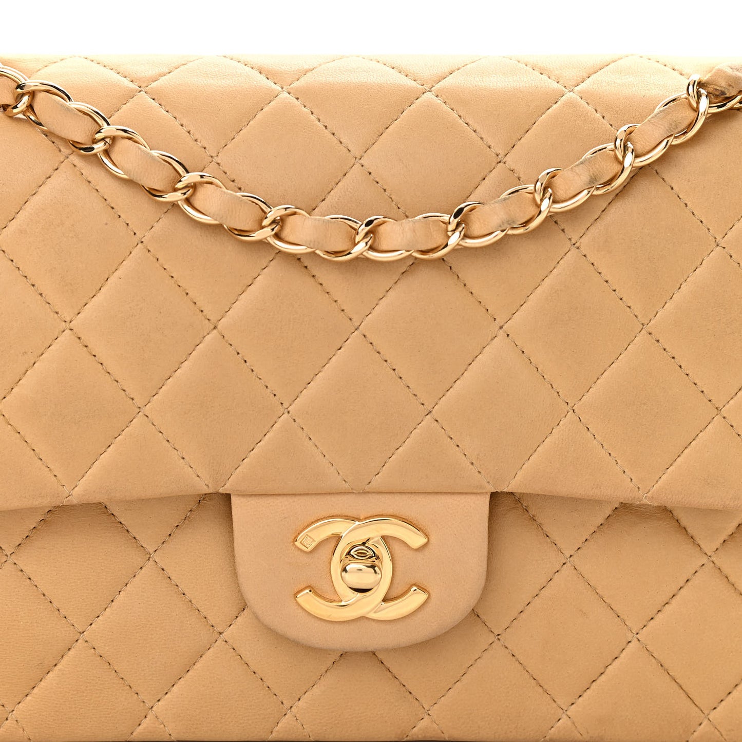 Lambskin Quilted Medium Double Flap Beige