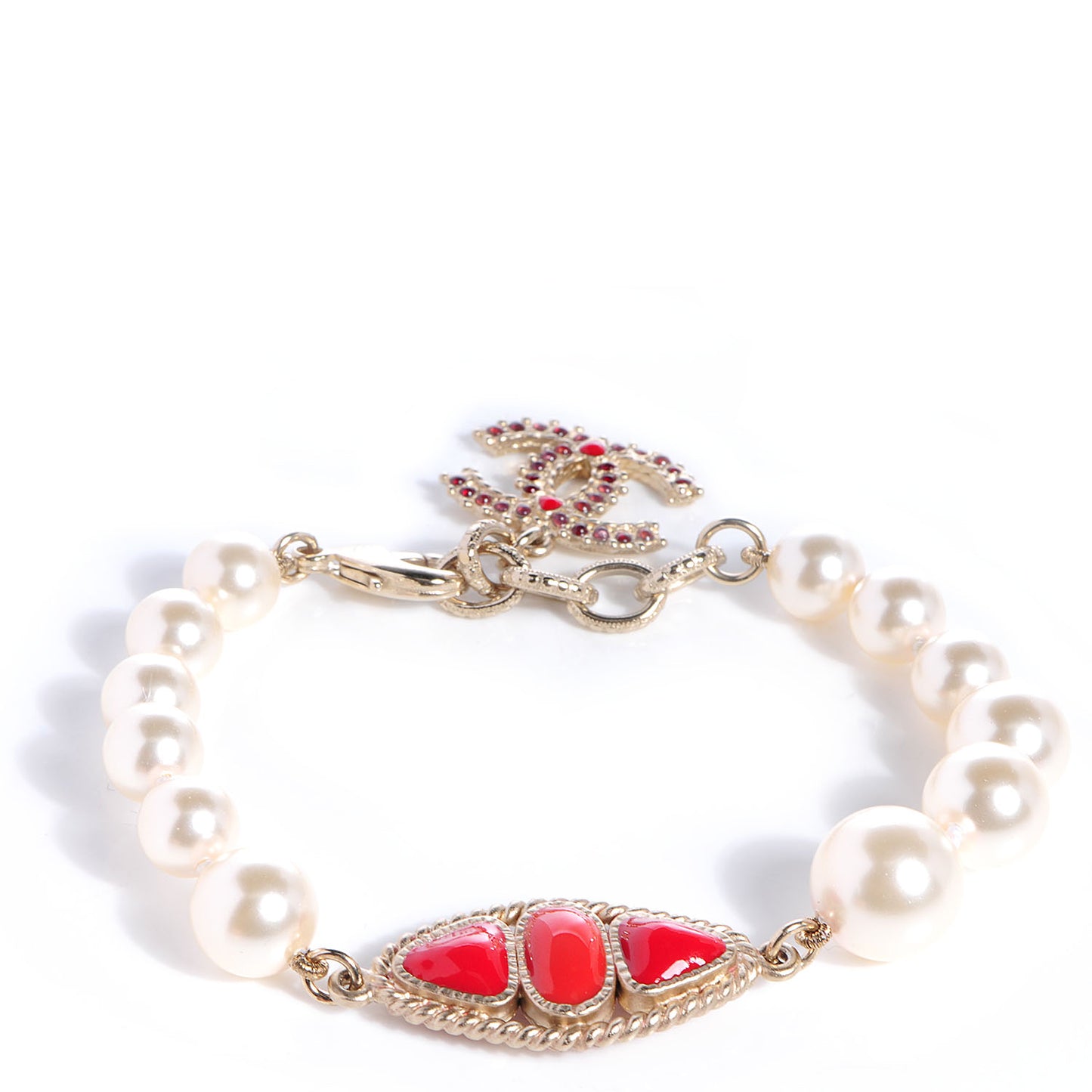Enamel Pearl CC Bracelet Gold Red