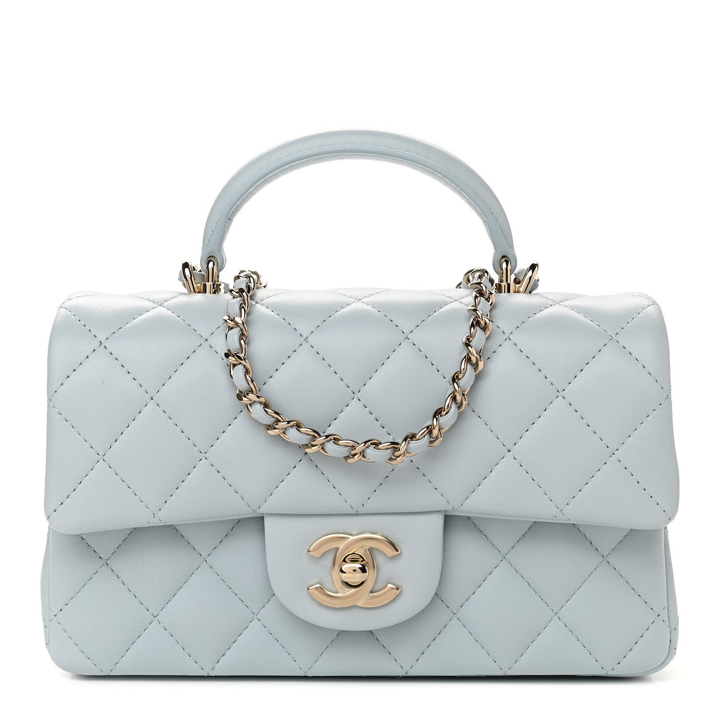Lambskin Quilted Mini Top Handle Rectangular Flap Light Blue