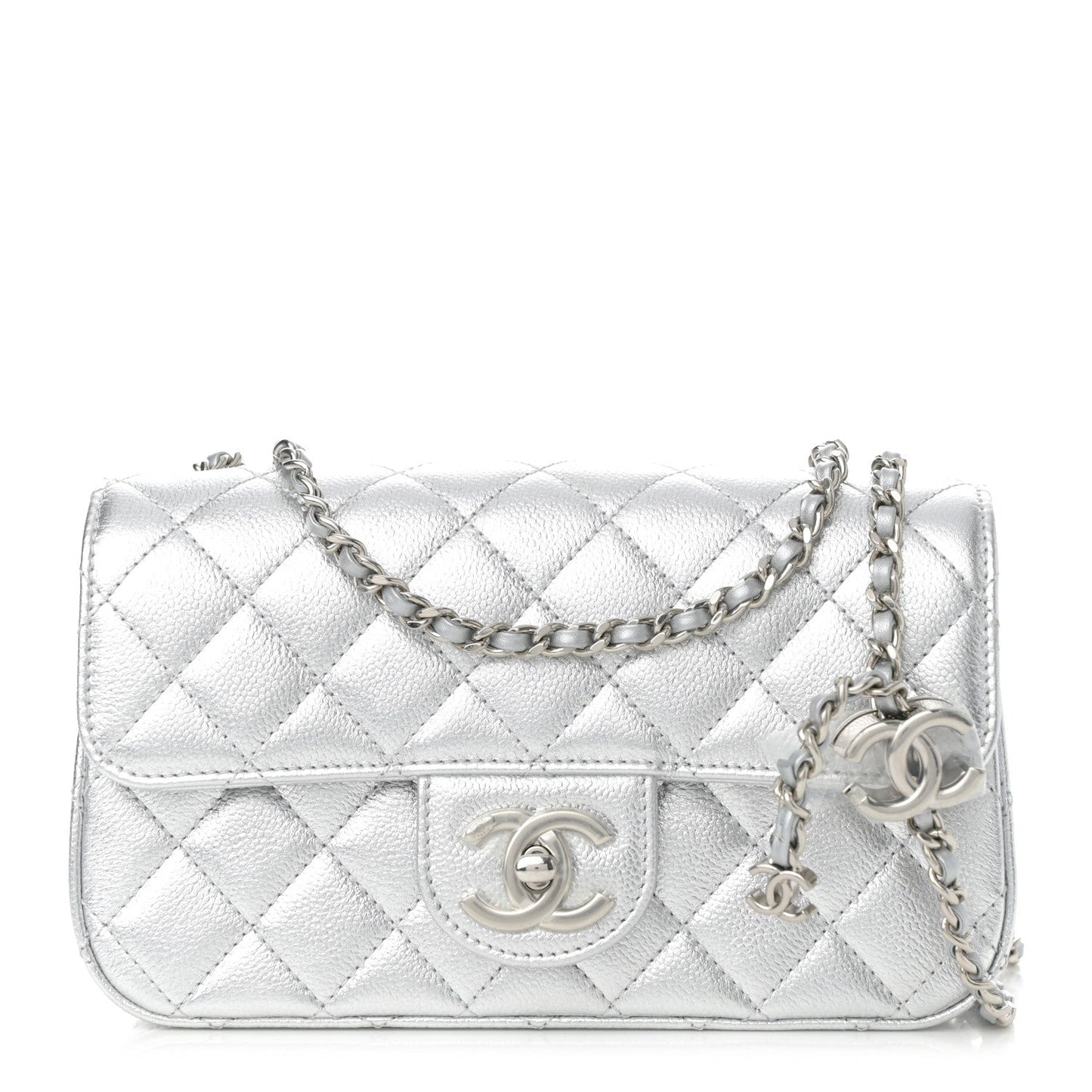 Metallic Caviar Quilted Mini Rectangular CC Slide Flap Silver