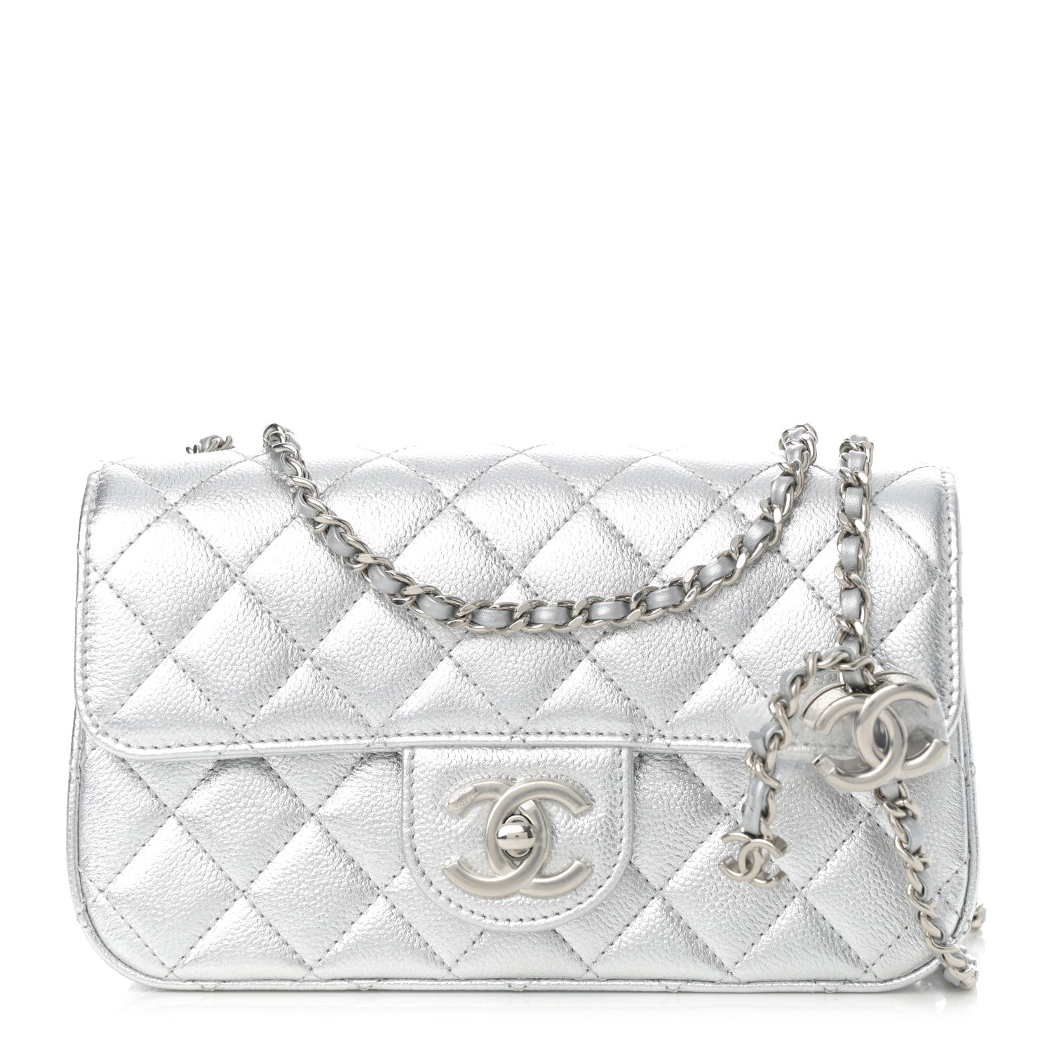 Chanel Metallic Caviar Quilted Mini Rectangular CC Slide Flap Silver 1 of 10