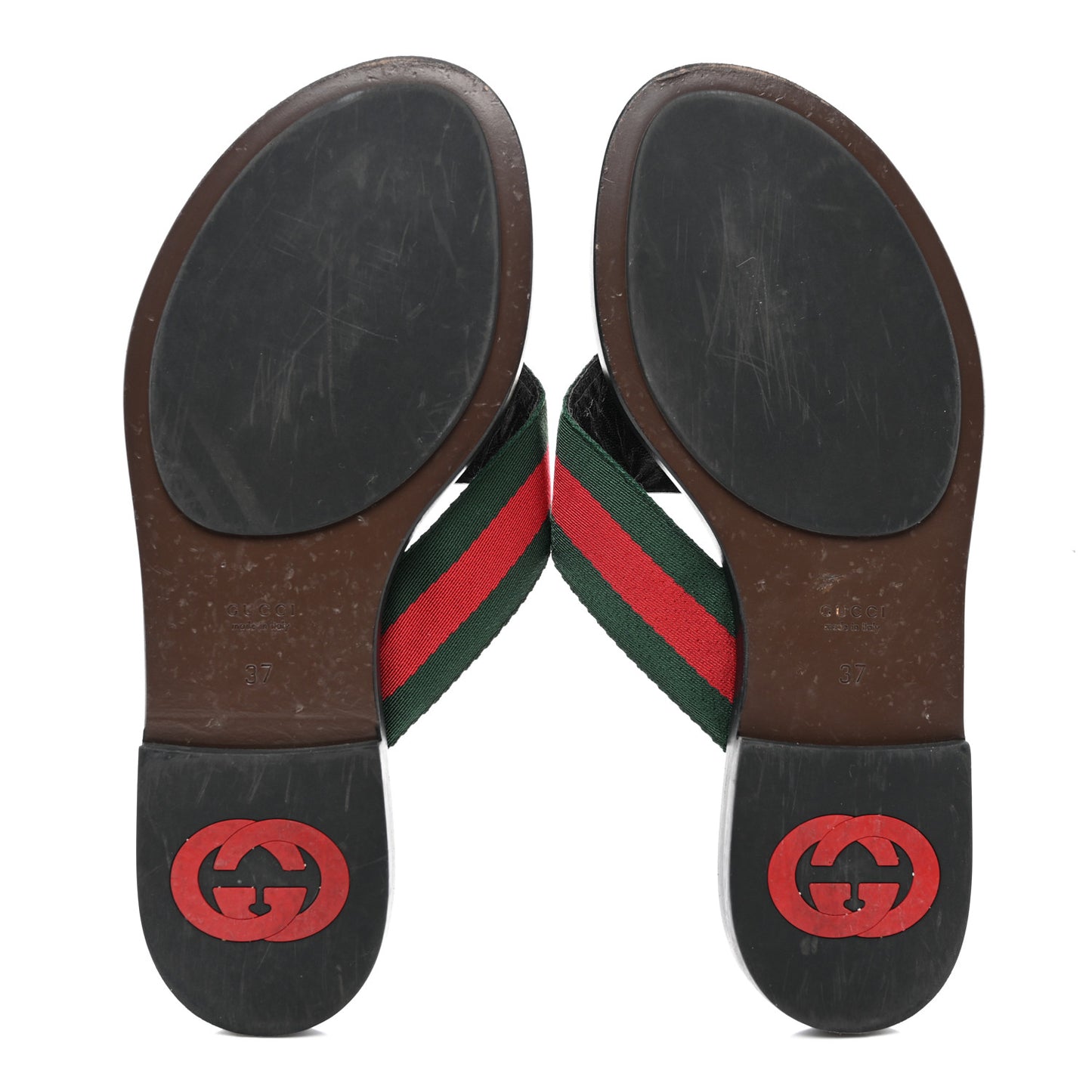 Nylon Calfskin Web GG Monogram Womens Thong Sandals 37 Green Red Cocoa