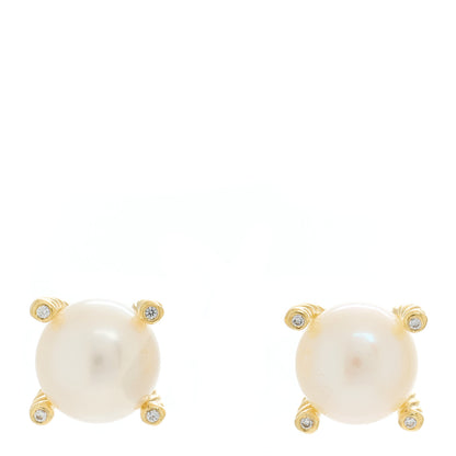 David Yurman 18K Yellow Gold Diamond Pearl 9.5mm Cable Stud Earrings 1 of 4
