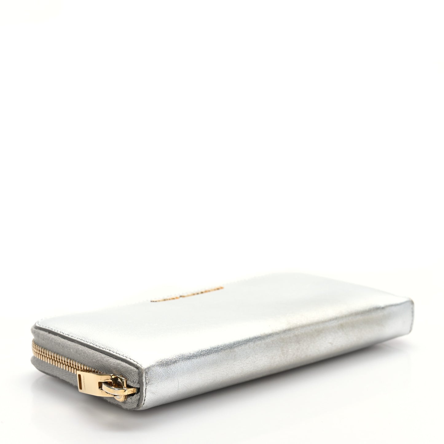 Metallic Calfskin Classic Letters Zip Around Wallet Silver