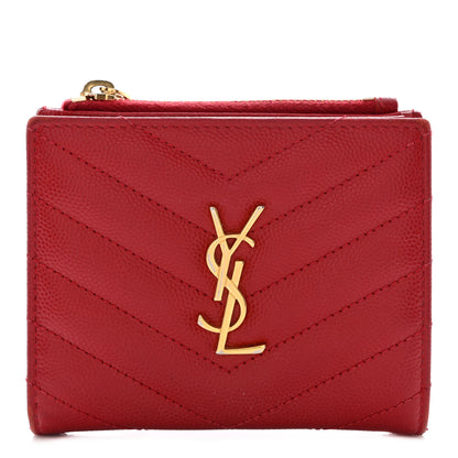 Saint Laurent Grain De Poudre Matelasse Chevron Monogram Zipped Card Case Rouge Eros 1 of 12