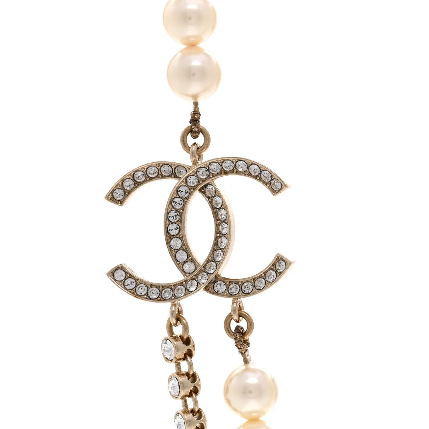 Chanel Pearl Crystal CC Double Strand Necklace Gold White 4 of 6