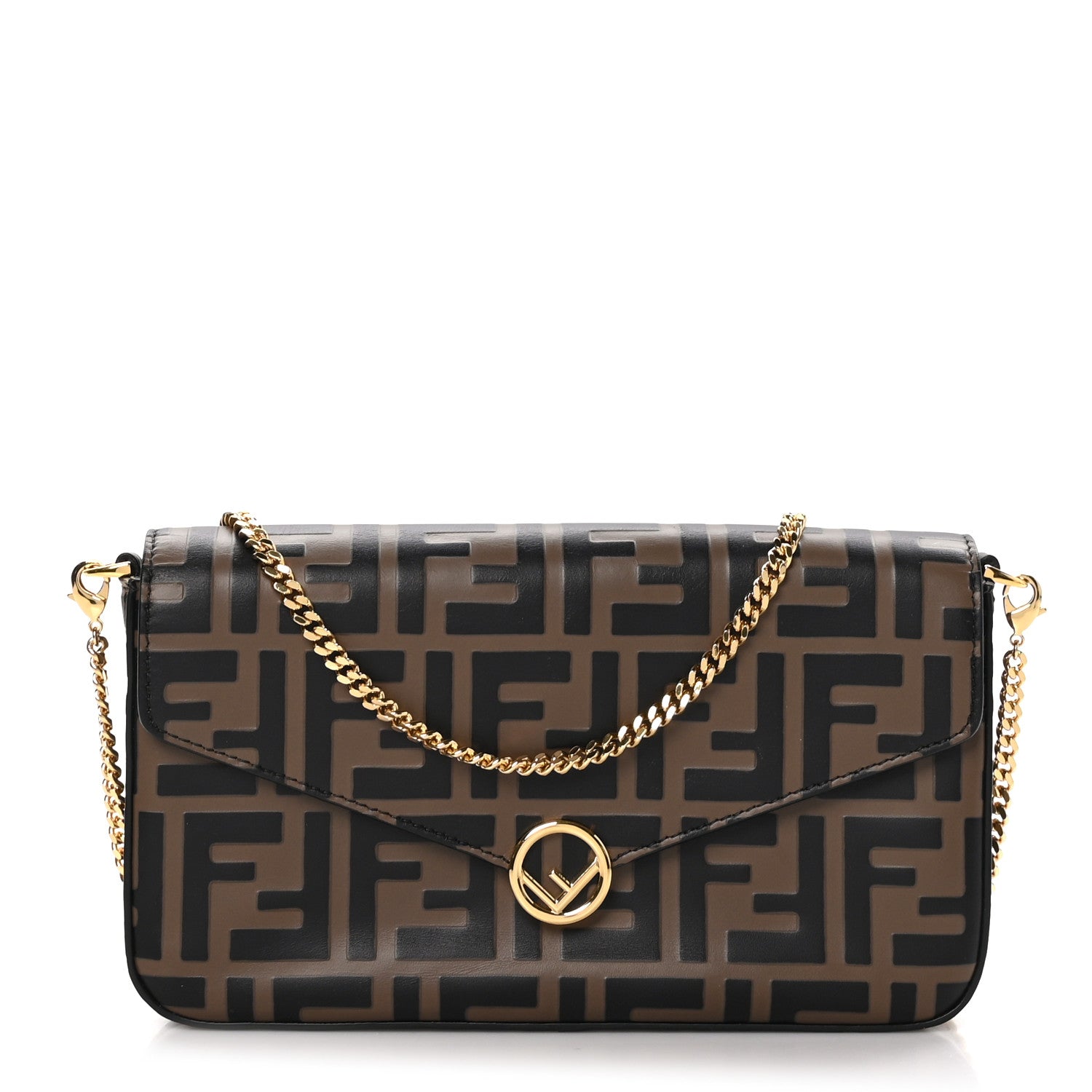 Fendi Vitello Soft F is Fendi Bi-Color FF 1974 Embossed Envelope Wallet On Chain with Pouches Maya Black 1 of 11