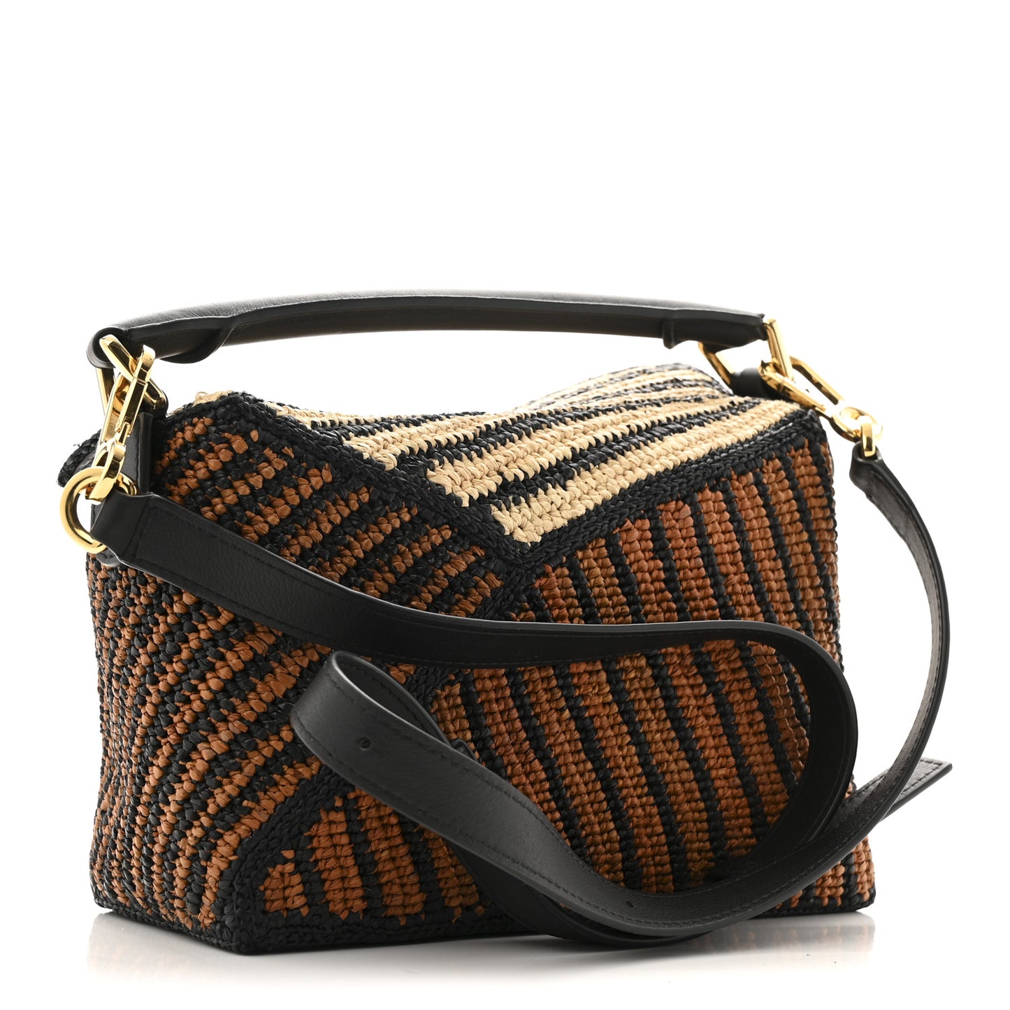 Raffia Calfskin Small Puzzle Bag Natural Honey Gold
