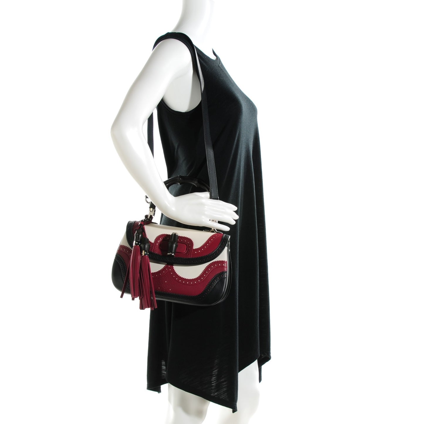 Calfskin Medium New Bamboo Top Handle Bag Bordeaux Black White