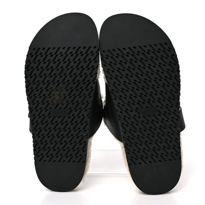 Hermes Calfskin Woolskin Womens Chypre Sandals 40 Black Ecru 5 of 7
