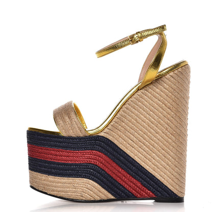 Gucci Raffia Metallic Calfskin Web Espadrille Platform Wedge Sandals 36 Gold 1 of 8