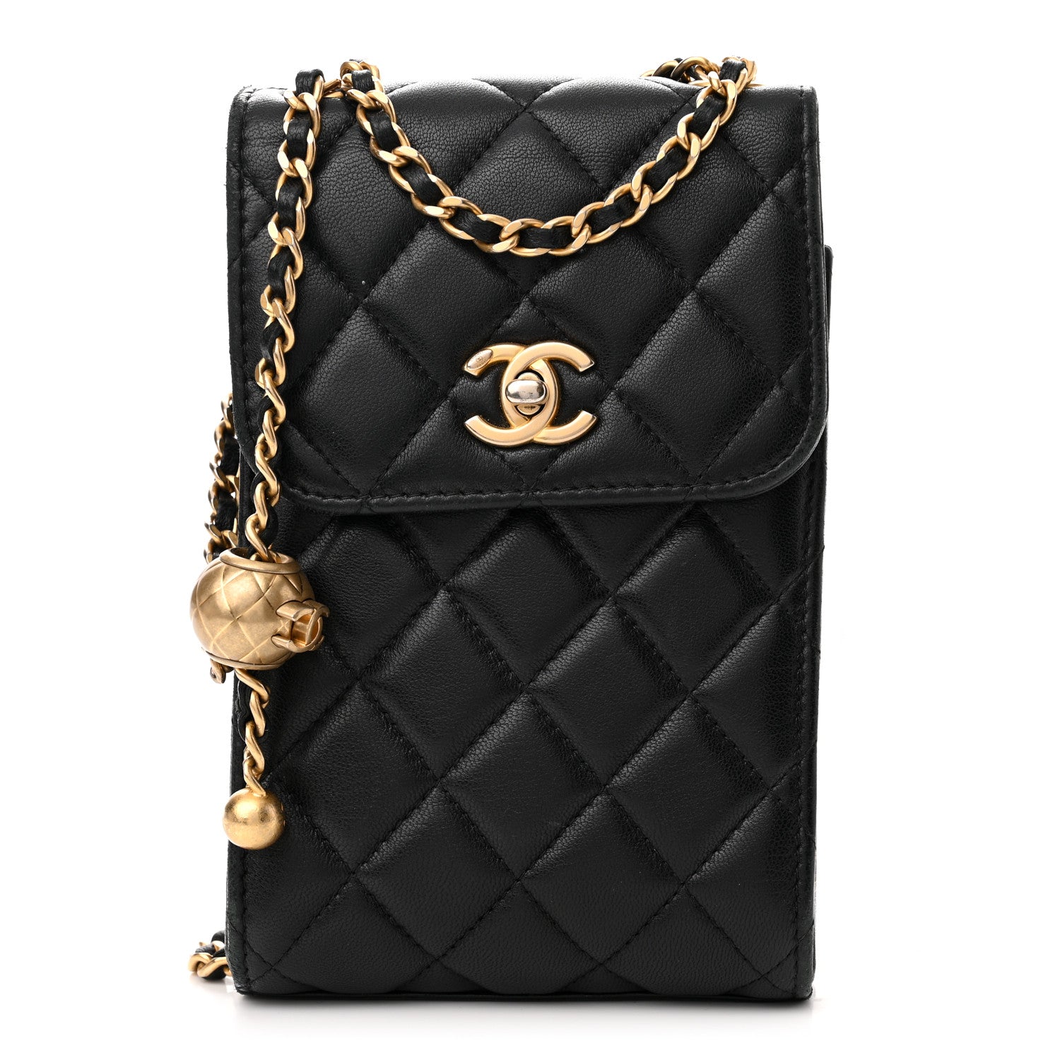 Chanel Lambskin Quilted Pearl Crush Phone Holder With Chain Black 1 of 11