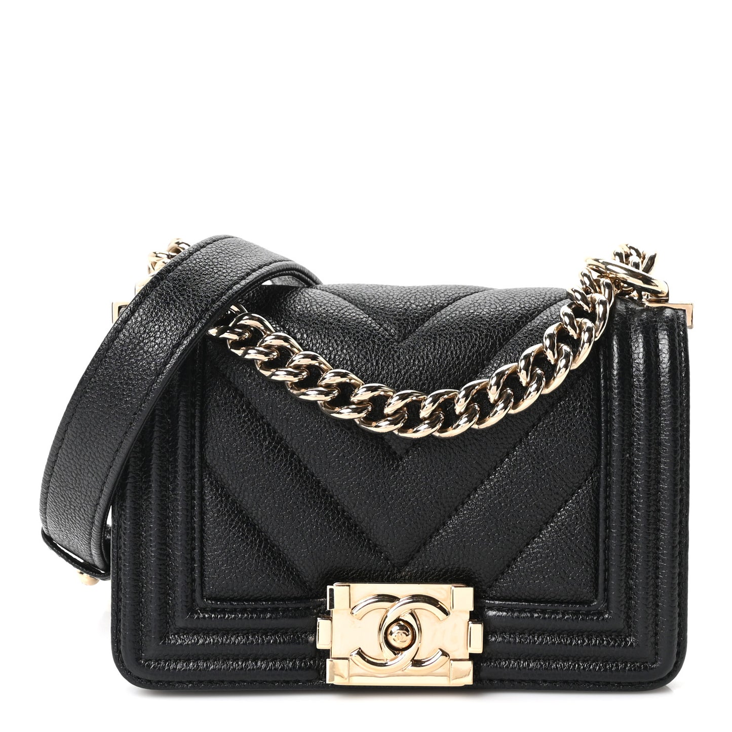 Caviar Chevron Quilted Mini Boy Flap Black