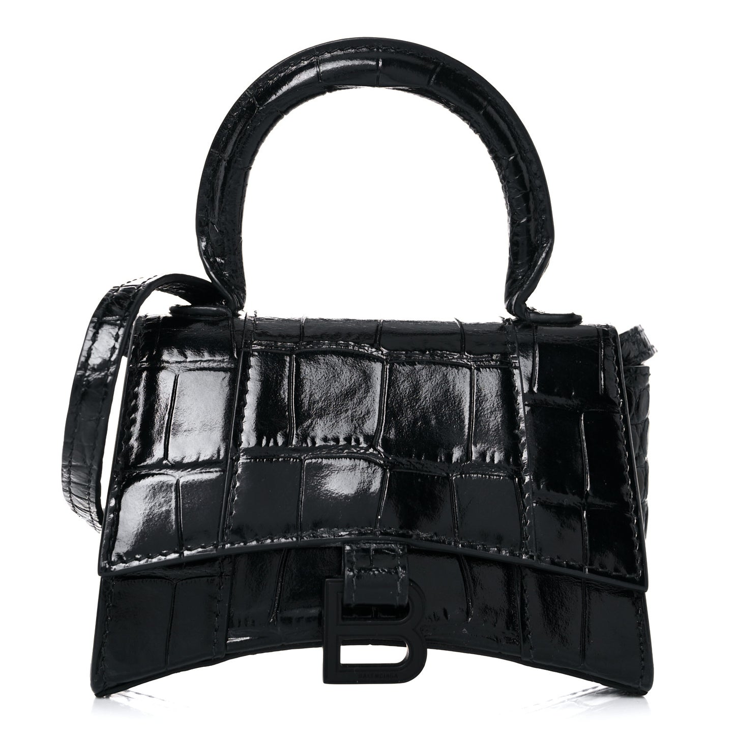 Shiny Calfskin Monochrome Crocodile Embossed Hourglass Top Handle Bag Mini Black