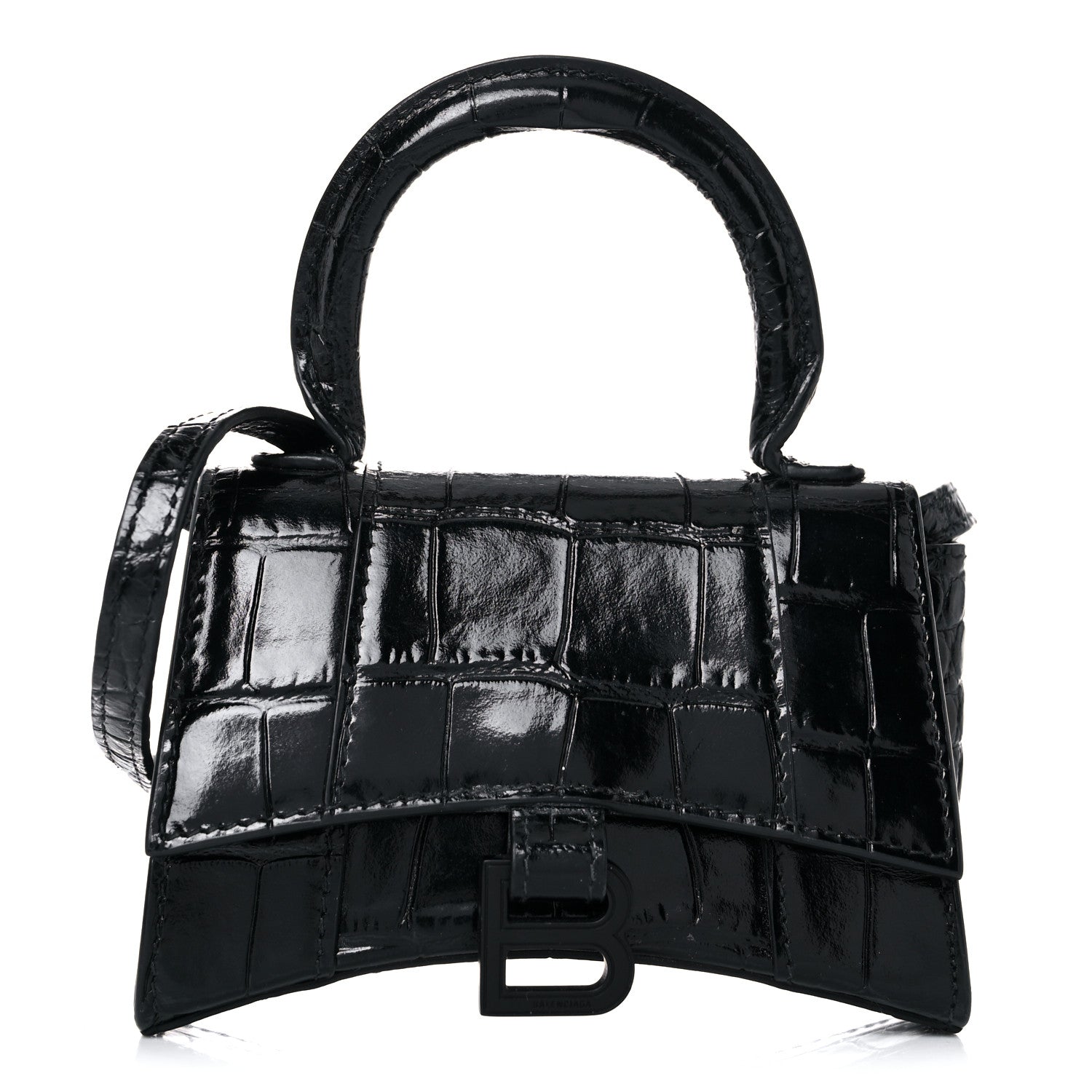 Balenciaga Shiny Calfskin Monochrome Crocodile Embossed Hourglass Top Handle Bag Mini Black 1 of 15