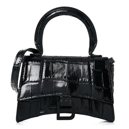 Balenciaga Shiny Calfskin Monochrome Crocodile Embossed Hourglass Top Handle Bag Mini Black 1 of 15