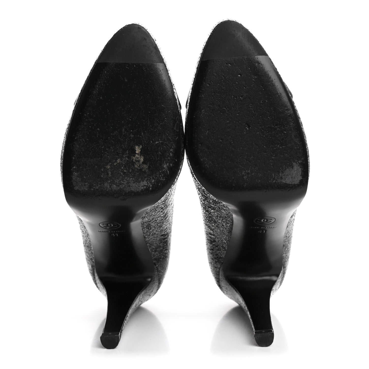 Chanel Metallic Crackled Calfskin Patent Cap Toe Pumps 41 Silver Black 6 of 10