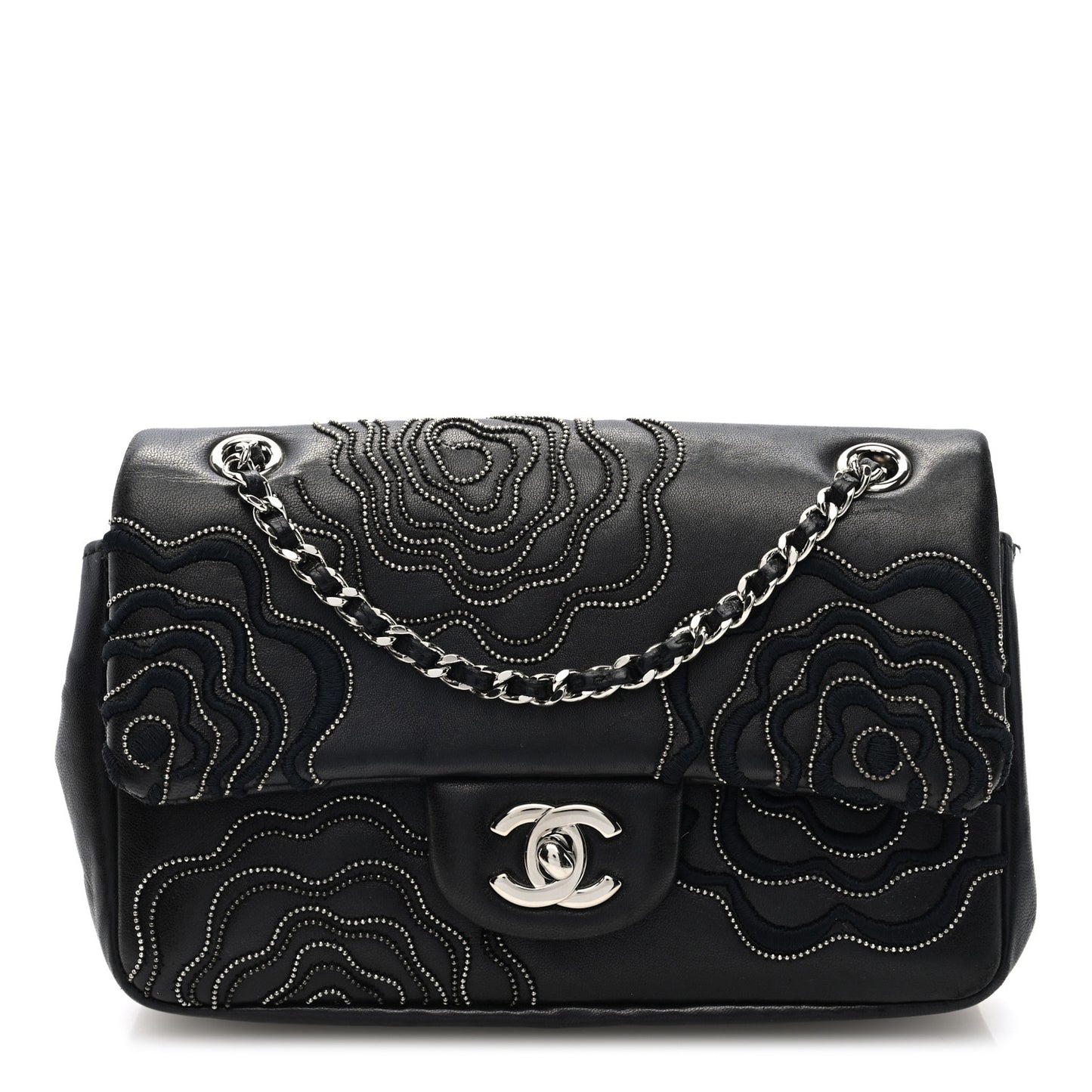 Lambskin Embroidered Camellia Follies Flap Black