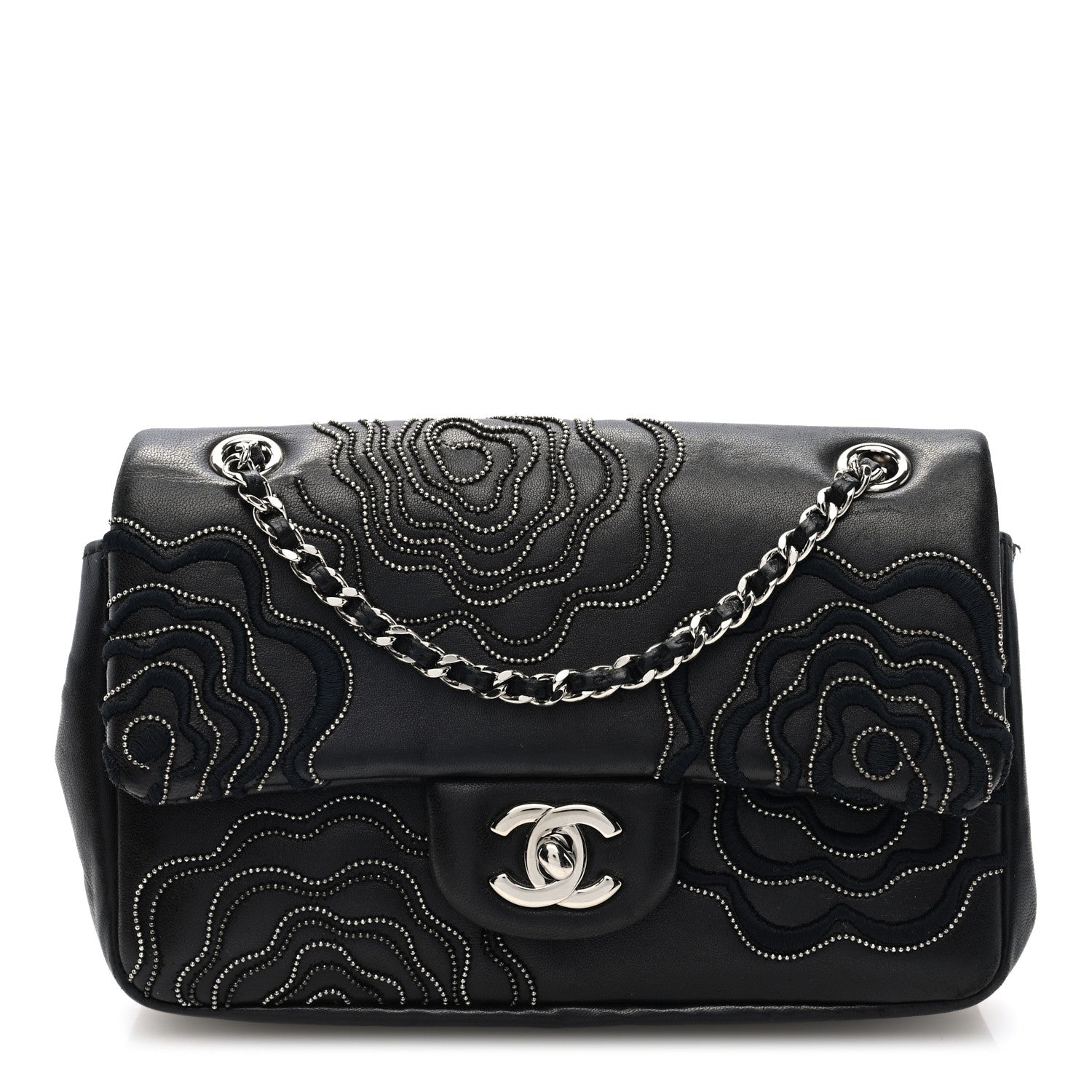 Chanel Lambskin Embroidered Camellia Follies Flap Black 1 of 10