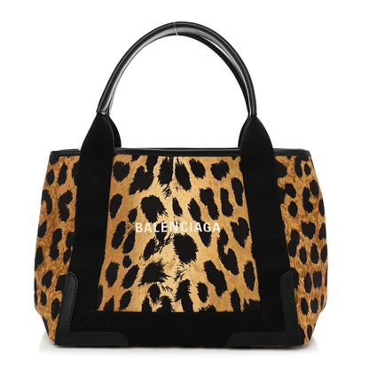Balenciaga Cotton Canvas Satin Calfskin Leopard Print Logo Navy Cabas S Beige Black 1 of 11