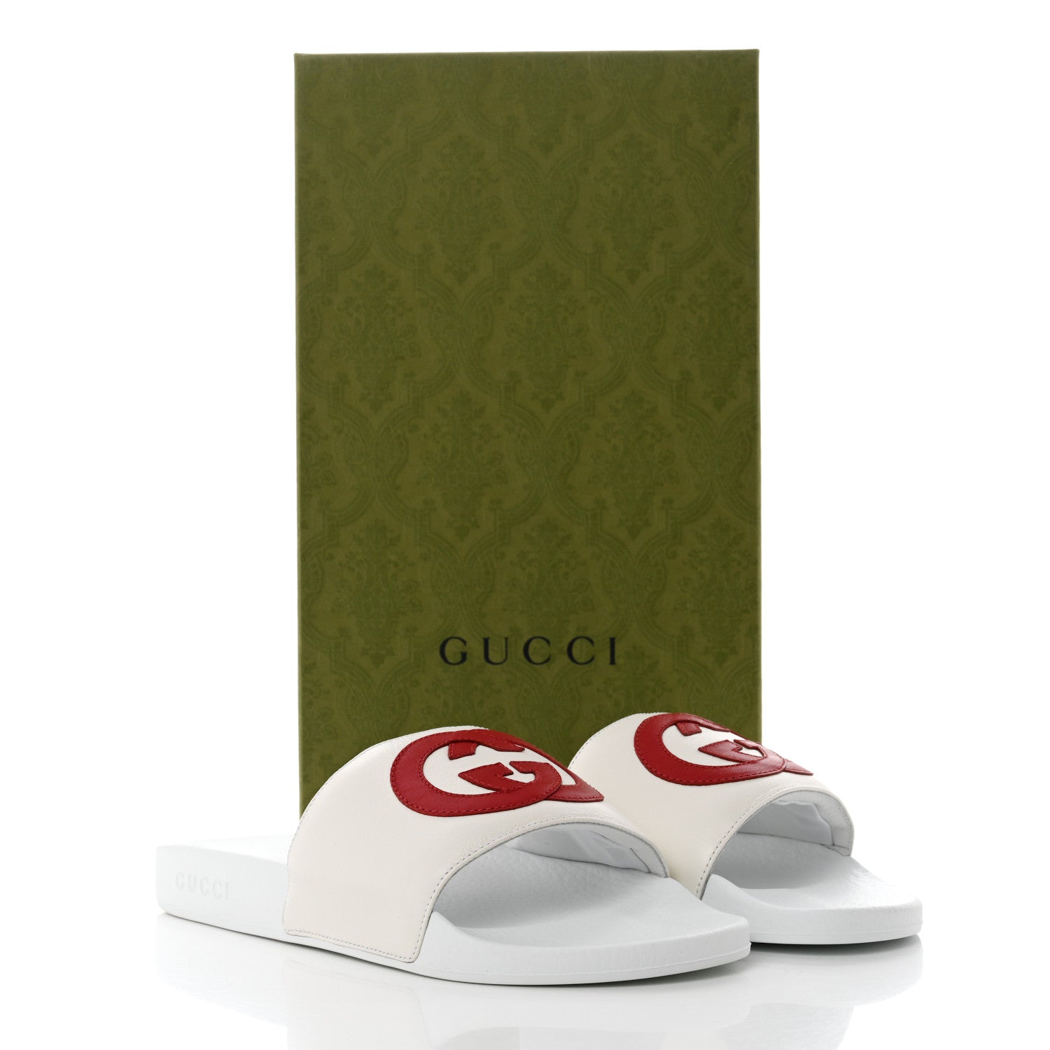 Gucci Nappa Miro Soft Calfskin Womens Interlocking G Slide Sandals 41 Great White Hibiscus Red 8 of 8