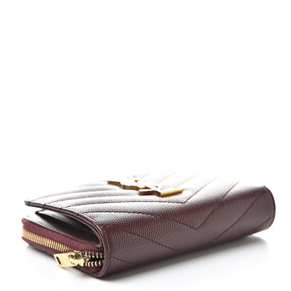 Saint Laurent Grain De Poudre Matelasse Chevron Monogram Compact Zip Around Wallet Rouge Legion 4 of 9