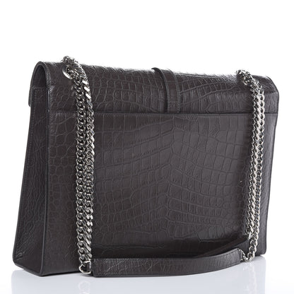 Saint Laurent Calfskin Crocodile Embossed Large Monogram Satchel Fog 3 of 20